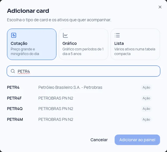Busca pelo código PETR4 dentro da janela Adicionar card