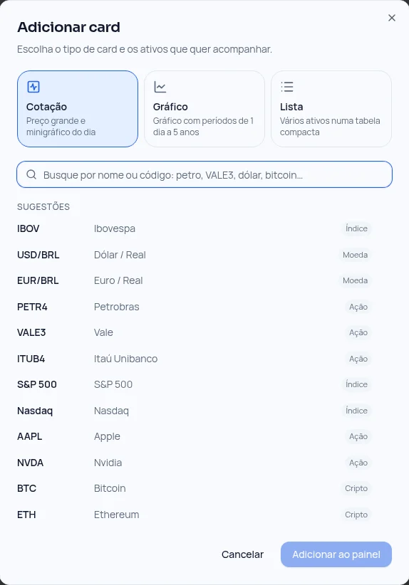 Janela Adicionar card com os tipos Cotação, Gráfico e Lista
