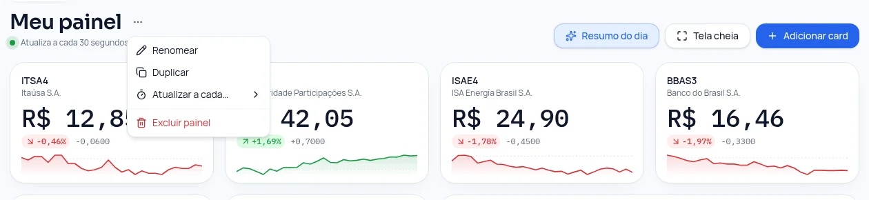 Menu do painel com as opções Renomear, Duplicar e Atualizar a cada
